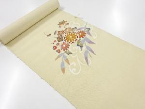 アンティーク　手織り真綿紬紬流水に菊・梅模様刺繍名古屋帯地反物